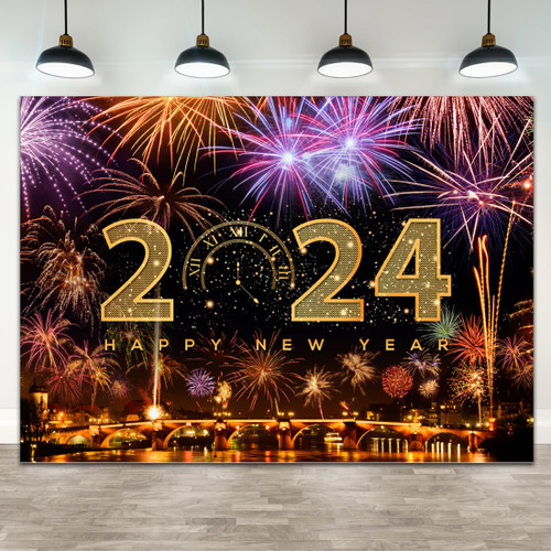 Wollmix 2024 Happy New Year Decorations Backdrop Banner Clock Count Fireworks Cheers to New Year Eve Photography Background Supplies Party Cake Table Photo Booth Props Sign Poster 7x5ft