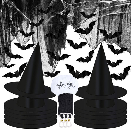 ULIOLI Halloween Witches Hat Set- 12Pcs Wizard Witch Hat with hanging rope, 16Pcs 3D Bat Sticker, Spider Web with 3Pcs realistic Spiders, Spooky Creepy Cloth for Halloween Yard Party Decoration