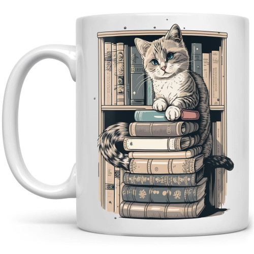 Funny Mug Cat Lovers Mug Library Bookshelf Mugs for Cat And Book Lovers - Librarian Book and Cat Mug, Bookish Items Bookworm Cups Gifts for Book Cat Lovers, Readers Bookish White Coffee Mug 11oz