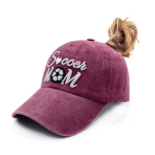 Waldeal 3D Embroidered Soccer Mom Ponytail Hat for Women Adjustable Messy Bun Baseball Cap Burgundy