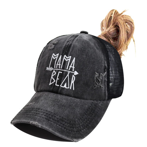 OASCUVER Women's Mama Bear Hat Messy High Buns Ponytail Adjustable Mesh Trucker Baseball Cap Black