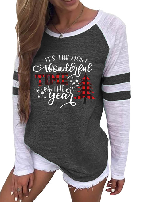 Merry Christmas Long Sleeve T-Shirt Women Leopard Plaid Christmas Tree Graphic Tees Xmas Raglan Baseball Shirt Tops (Dark Grey-3, Medium)