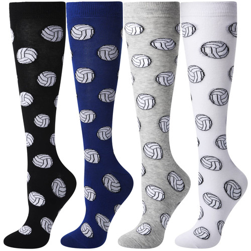 Vicenpal 4 Pairs Sports Lovers Gifts Funny Basketball Soccer Baseball Football Knee High Socks Novelty Running Socks for Women Men (Volleyball Style), 12