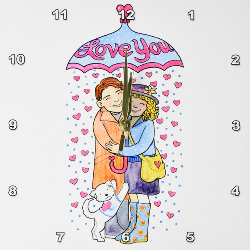 3dRose DPP_124048_1 Loving Couple Under Love You Umbrella Showered with Red Hearts for Valentines Day. Wall Clock, 10 by 10"