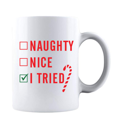 Kropsis Naughty, Nice, I Tried - Xmas Gift for Family and Friends - Funny Sarcastic Ceramic Coffee Mug White