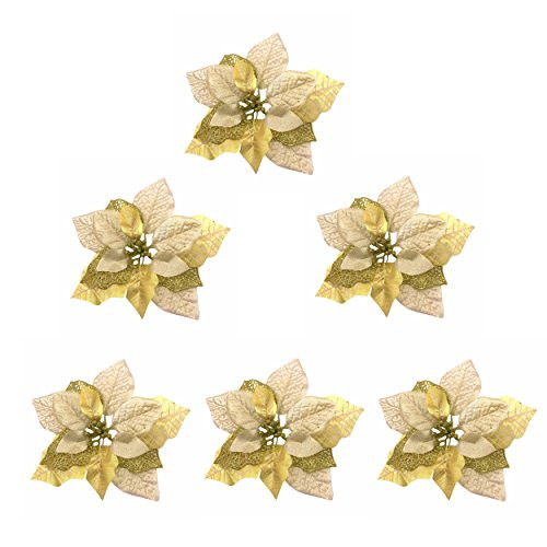 M2cbridge Pack of 6 Glitter Artificial Wedding Christmas Flowers Red Glitter Poinsettia Christmas Tree Ornaments Dia 9 Inch (Golden)