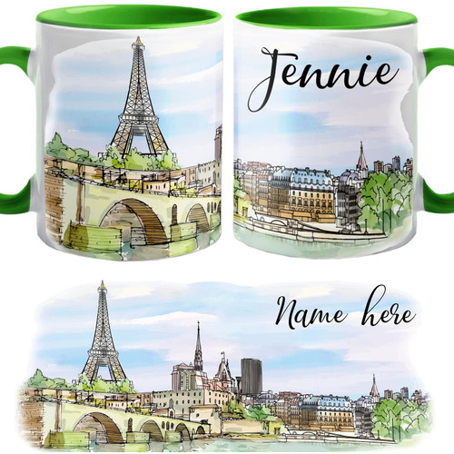 Personalized Paris and Eiffel Tower Buildings Pattern White Coffee Mug Cup, France Paris Skyline Travel Mug, Paris Lover Coffee Cup Gift for Birthday Christmas, Custom Name Eiffel Tower Accent Cups