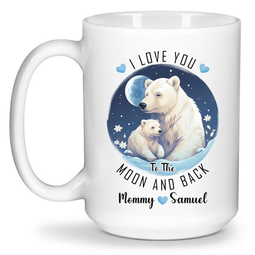 I Love You to The Moon and Back Mugs, Personalized Choose Name Polar Bear Tea Mug, Unique Custom Cute Mother and Baby Polar Bear Ceramic Mug With Name, Awesome Animal Coffee Cups