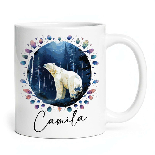 ELPSTORE Polar Bear Winter Forest Mug Coffee Cups, Customized Name Polar Bear Ceramic Mugs, Novelty Animal Present, Winter Wildlife Travel Mugs, Personalized Nature-Inspired White Mugs
