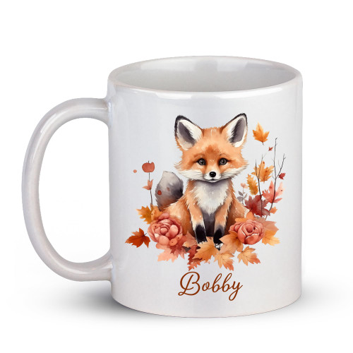Personalized Cute Fox Animals Coffee Mug 11Oz 15Oz, Cute Fox Travel Cup, Custom Unique Fox with Name Mug Gifts For Girls Wife Daughter, Customized Floral Fox Teacup, Animal Lovers Mug