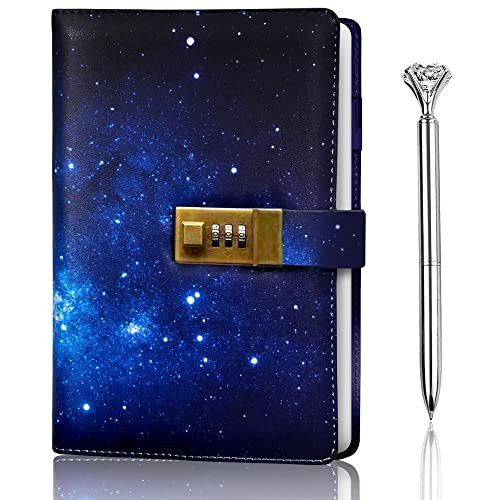 Bright Blue Galaxy Design with Lock, Journal with Lock bundled with Pen, Locking Journal with PU Leather, Notebook with Lock A5 size, Locked Journal, Journals with locks, Journal Lock