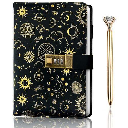 NightSky Diary with Lock , Gold Foil PU Leather Journal with Lock bundled with Pen , Notebook with Lock , Lock Journal , Locking Journal , Locked Journal , Lockable Diary , Locking Diary Journal