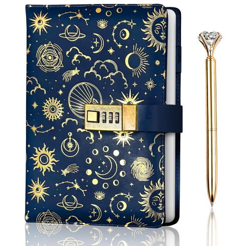 Navy Blue NightSky Diary with Lock , Gold Foil PU Leather Journal with Lock bundled Pen , Notebook with Lock , Lock Journal , Locking Journal , Locked Journal , Lockable Diary , Locking Diary Journal