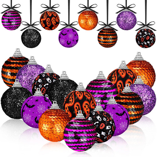 16 Pcs Halloween Ball Ornaments for Tree 2 Inch Halloween Tree Decorations Pumpkin Ghost Bat Spider Halloween Tree Glitter Ornaments with Sequins for Holiday Party Decoration(Bat)