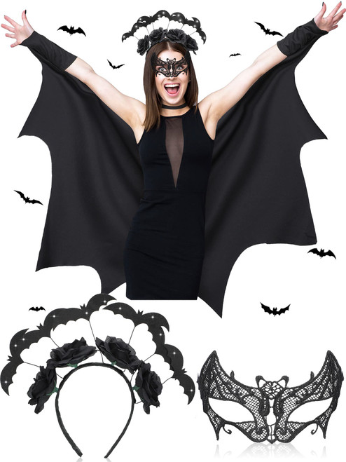 Eurzom 3 Pcs Halloween Women Bat Costume Accessories Wings Black Vampire Bat Headband Masquerade Lace Eye Mask Set Cosplay (Large)