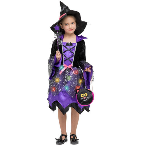 Girls Light-up Halloween Witch Costumes Fancy Dress Set for kids (Bat, 3-4T)