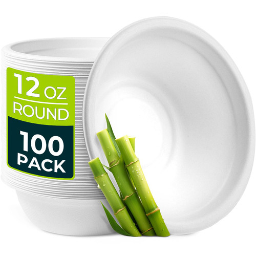 Hihomry Compostable Paper Bowls 12oz Bulk, Disposable Heavy-Duty 350ml White Party Paper Bowl, Biodegradable Sugarcane Eco Friendly Soup Bowl [100-Pack]