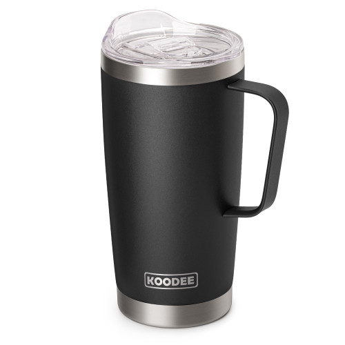 koodee 20 oz Insulated Coffee Mug with Lid and Handle, Stainless Steel Double Wall Vacuum Camping Mug Travel Coffee Tumbler (Black)