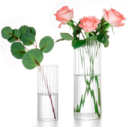 Clear Glass Vase Cylinder Vases for Centerpieces Ribbed Glass Vase for Flowers Minimalist Flower Vase for Modern Home Decor Hurricane Candle Holder Tall Clear Vases for Wedding