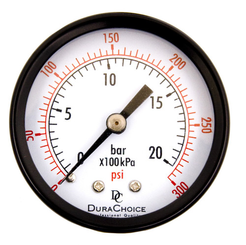DuraChoice 2' Dial Utility Pressure Gauge for Air Compressor Water Oil Gas, 1/4' NPT Center Back Mount, Black Steel Case, 0-300 PSI