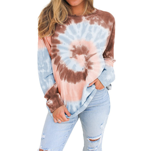 Women's Tie Dye Crewneck Pullover Loose Printed Sweatshirt Fall Tops Casual Color Block Loose Long Sleeve T Shirt (Khaki,Small)