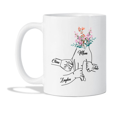 Custom Mom And 3 Childs Hands Tea Cups, Customized Mom Coffee Mugs, Mother Gifts, Personalized Mother Cup with Kids Names, Gift for Mom, Custom Mama Mug, White Ceramic Mug 11oz 15oz