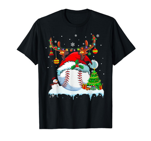 Christmas Baseball Player Santa Hat Lights Ball Xmas Pajama T-Shirt Christmas Baseball Player Santa Hat Lights Ball Xmas Pajama T-Shirt