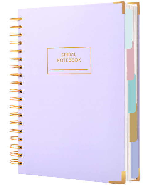 Hardcover Spiral Notebook with Tabs 8"x10" Large Spiral Lined Journals for Women with Dividers 240 Pages College Ruled Composition Notebook 5 Subject Notebook for Work, Back to School, Gifts, Purple