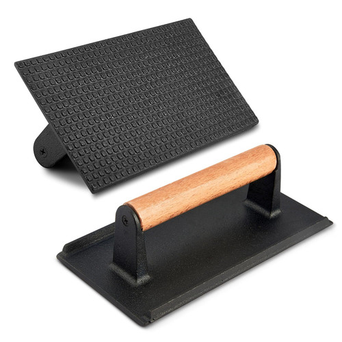Burger Grill Press Set of 2, Joyfair Cast Iron Smash Grilling Press for Teppanyaki Fflat Top Griddle BBQ Accessories, Ideal for Patty Bacon Steak Sausage, Heavyweight Iron & Wooden Handle, Rectangular