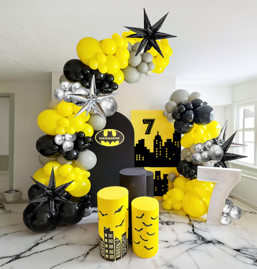 Yellow black and Silver balloon garland arch kit 180pcs with mylar Diy starburst balloon & Bat sticker for cartoon superhero theme man birthday party Comic book video game decorations