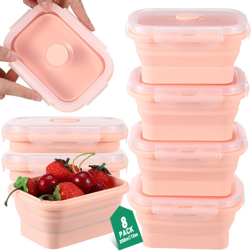 Mifoci Set of 8 Silicone Collapsible Food Storage Containers 12 oz Collapsible Meal Prep Container Square Collapsible Bowl with Lids Vent, Microwave and Freezer and Dishwasher Safe (Pink)