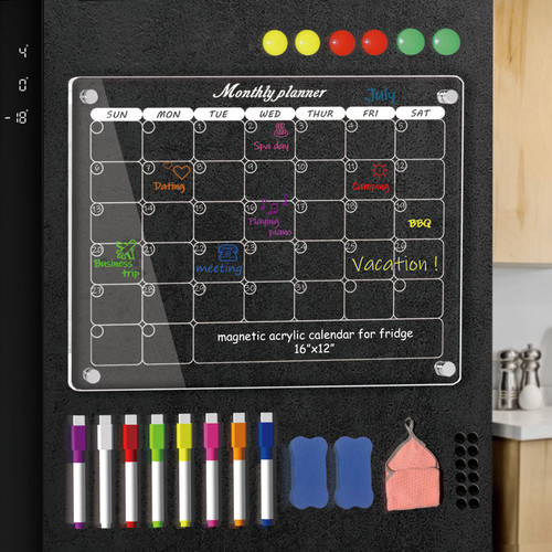 Acrylic Magnetic Monthly Calendar for Fridge, 16"x12" Clear Magnetic Monthly Dry Erase Board Calendar for Refrigerator Reusable Memo Whiteboard Planner, Includes 8 Magnet Dry Erase Markers in 8 colors