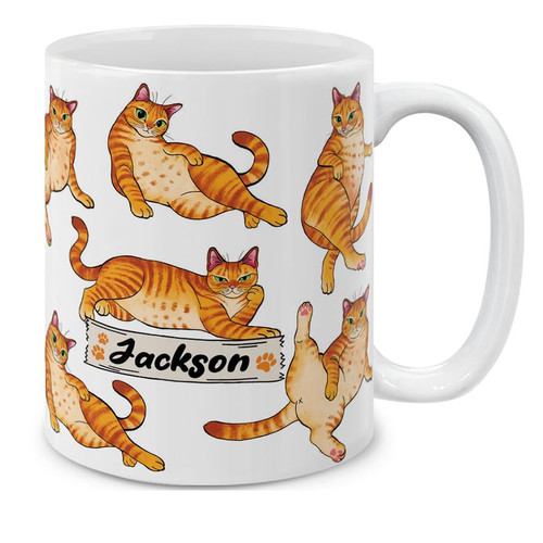 MUGBREW Personalized Coffee Mug with Your Name or Text, Customized Gifts For Christmas Birthday Anniversary, Ceramic 11 OZ Coffee Mug Tea Cup - Orange Tabby Cat Funny Playful Postures Pattern