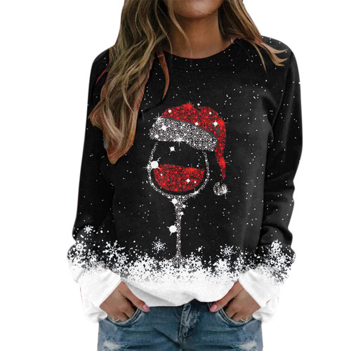 Sweatshirt Women Long Sleeve Blouse Pullover Top Christmas Funny Graphic Lightweight Blouse Holiday Funny Graphic Baseball T-Shirt Black