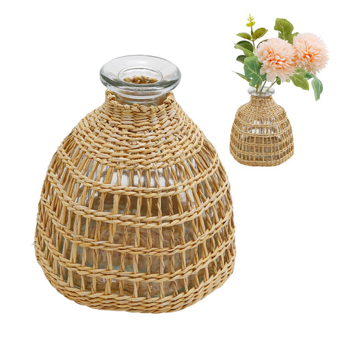 Flower Vases with Rattan Cover, Straw Woven Glass Vase, Rattan Woven Vase Decorative, Glass Flower Vase, Boho Glass Flower Vase, Vase for Home Flower Arrangement Table Decoration, 5.3''X3.5'',A Style