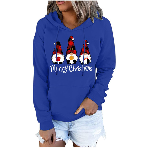 Funny Christmas Hoodie for Women Ugly Xmas Print Longsleeve Hoodies Drawstring Pullover Sweatshirts with Pocket Blue