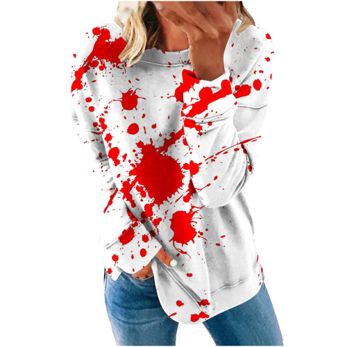 TUNUSKAT Distressed Tshirt Women 2023 Fashion Halloween Graphic Sweatshirt Crewneck Pullover Long Sleeve Loose Tunic Top