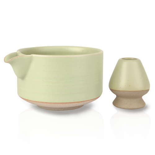 PUNNIO Ceremonial Matcha Bowl, Glazed Ceramic Matcha Bowl with Spout and Whisk Holder for Japanese Matcha/Matcha Powder/Matcha Tea(Matcha Green) (Matcha Green)