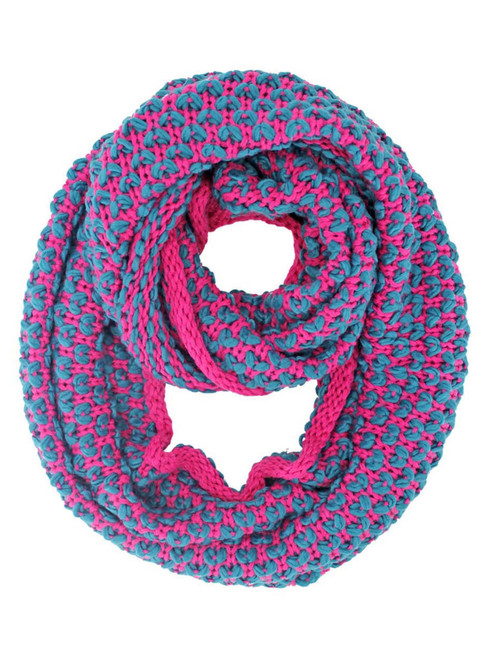 Luxury Divas Hot Pink & Turquoise Two-Tone Knit Winter Infinity Scarf