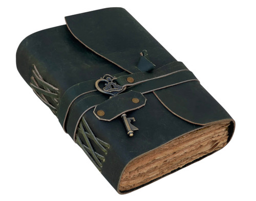 Vinatge Leather Journal - Antique Handmade Deckle Edge Vintage Paper Leather Bound Journal - Book of Shadows Journal - Leather Sketchbook - Drawing Journal - Great Gift (Green), 7 x 5"
