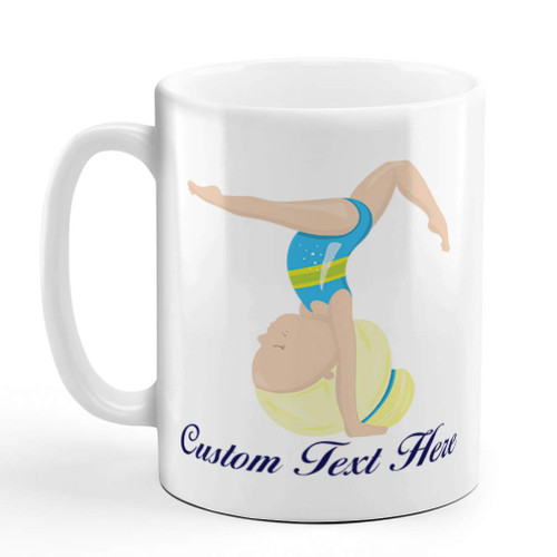 Custom Ceramic Coffee Mug 11 Ounces Gymnastic Blue Suit Blonde Sports White Tea Cup Personalized Text Here