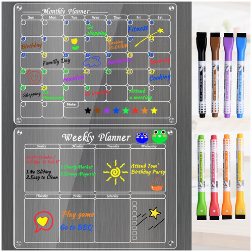 Magnetic Acrylic Calendar for Fridge, 2Pack Monthly & Weekly Dry Erase Calendar for Fridge, Clear Magnetic Calendar for Fridge, Reusable Fridge Calendar Planning Boards with 8 Colorful Markers