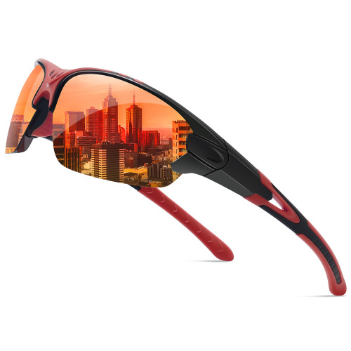 Ofwin Sports Polarized Sunglasses for Men Women Outdoor Fishing Baseball Cycling Bike Glasses Goggles UV400 Protection Black Red Frame/Red Mirror Lens
