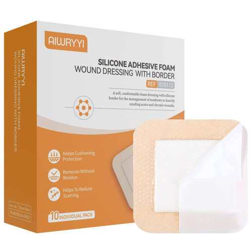 Silicone Adhesive Foam Wound Dressing with Border, 4" X 4"(10 Individual Pack), Sterile, 5-Layer, Excellent Breathability Gel Pad for Pressure Ulcer, Leg Ulcer, Diabetic Foot Ulcer by Aiwryyi