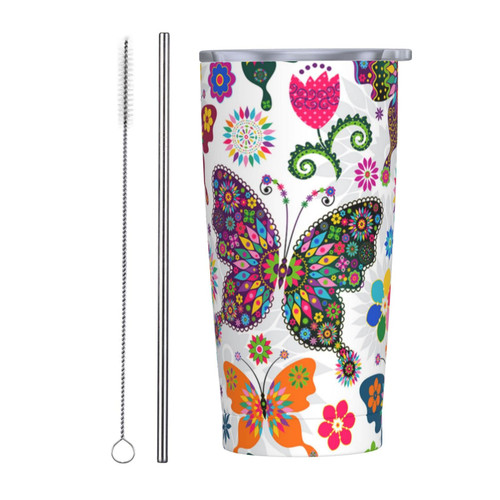 ATEDEANEI 20 Oz Tumbler,Butterfly,Insulated Coffee Mug with Lid and Straw,Stainless Steel Vacuum Travel Cup