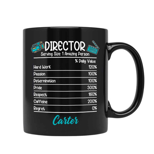 Director Nutrition Facts Mug, Custom Director Gift Ideas for Movie Director, Future Director Tea Cups, Personalized Director Coffee Mug with Name, Theater Director, Black Ceramic Mug 11oz, 15oz