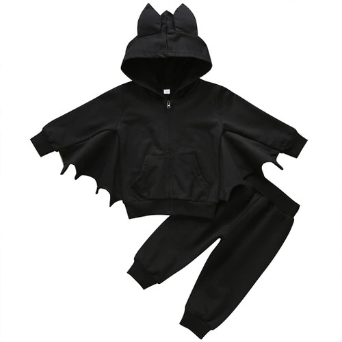 XFGLCK Toddler Baby Girls Boys Halloween Outfit Black Bat Zipper Hoodies+Pant Set Fall Winter Clothes(Black,12-18 Months)