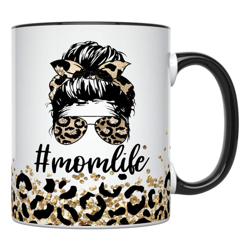 YouNique Designs Mom Life, Mom Mug, 11 Ounces, Unique Mothers Day Coffee Mug from Daughter and Son, Best Mom Ever Mug, Leopard Print Mom Coffee Cup, Gifts for Mom, Mom Mugs for Women (Black Handle)