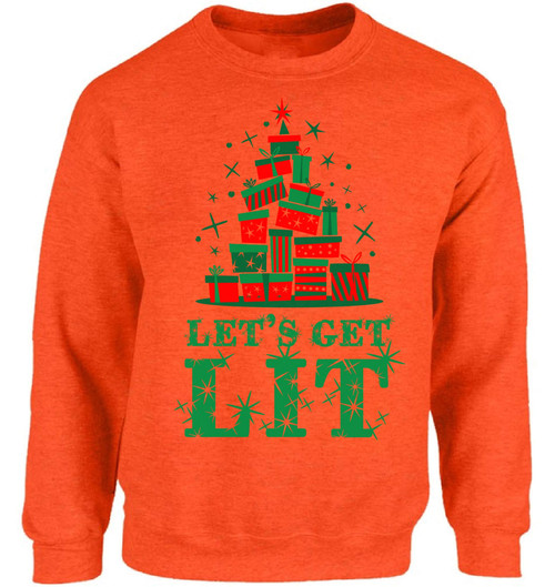 Vizor Lit Christmas Sweatshirts Ugly Xmas Let's Get Lit Sweater Xmas Tree Orange S