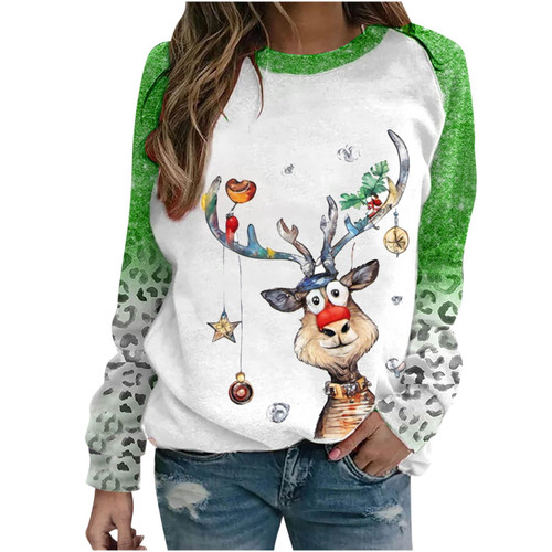 TUNUSKAT Teen Girls, Plus Size Christmas Shirts For Women Novelty Moose Print Crewneck Sweatshirt Raglan Long Sleeve Ugly Xmas Sweater